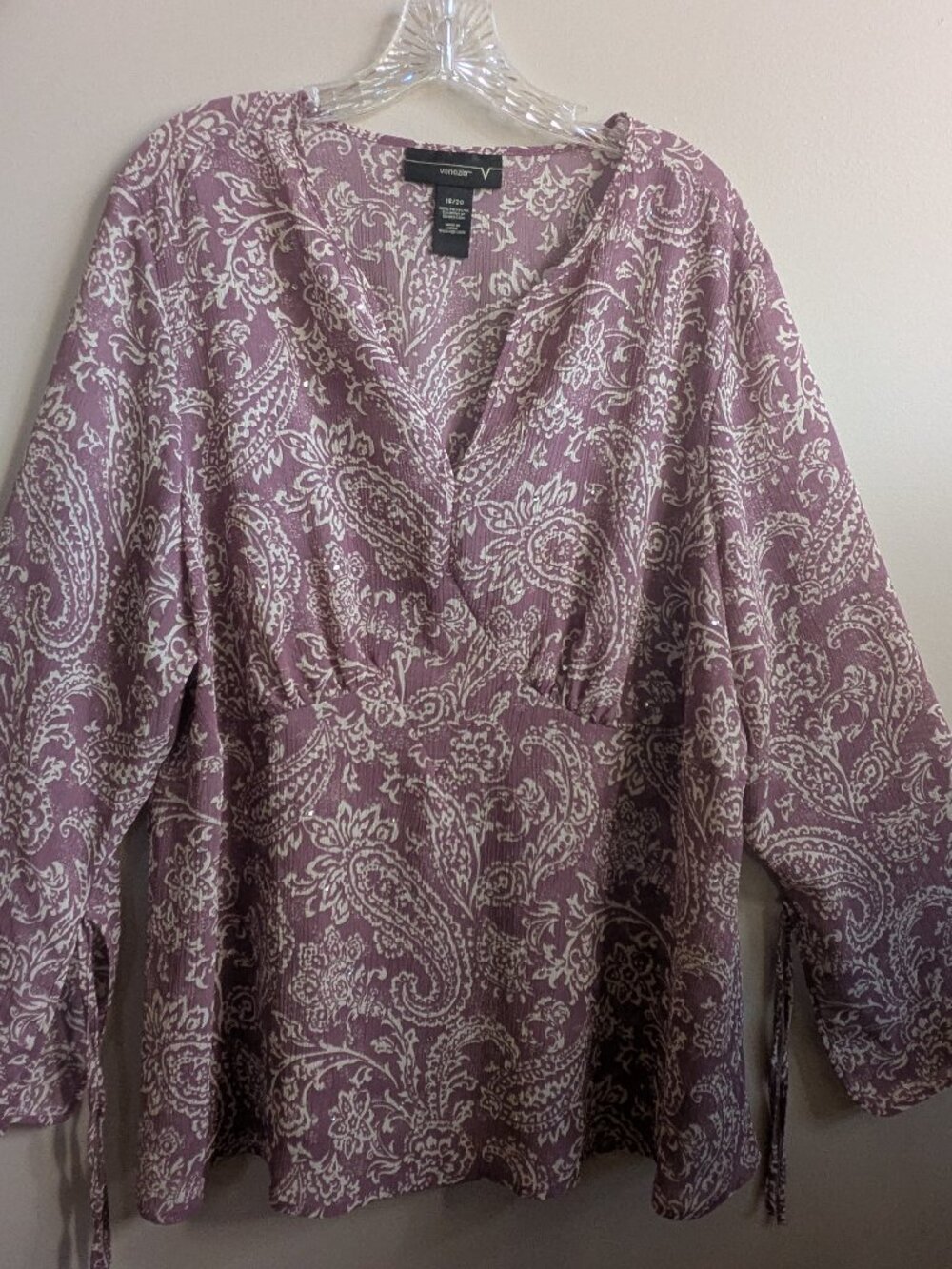 venezia Y2K purple cream floral long bell sleeve rhinestone blouse  18/20 #840